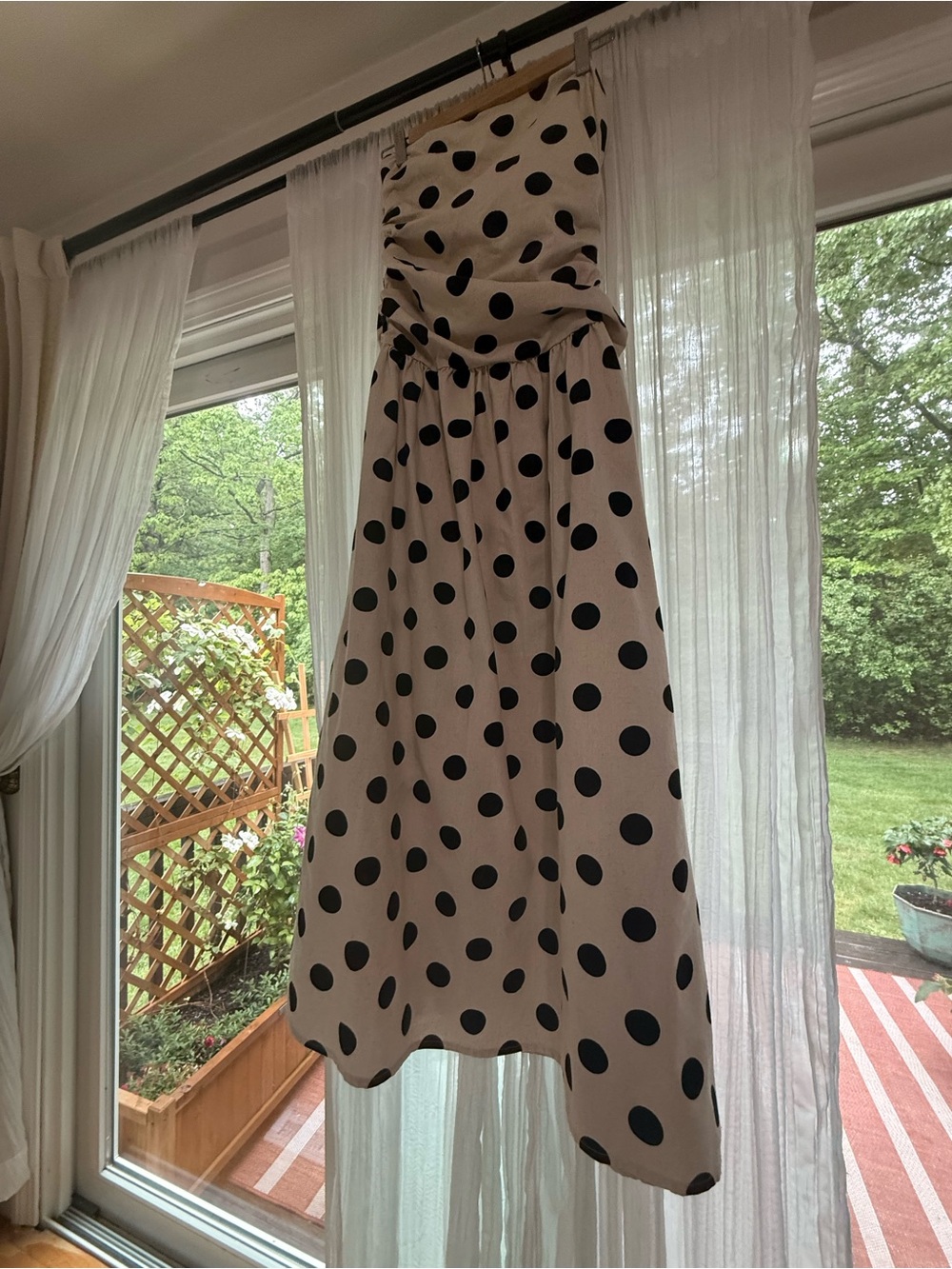 Strapless Polka Dot Midi Dress - Black Dot on Cream